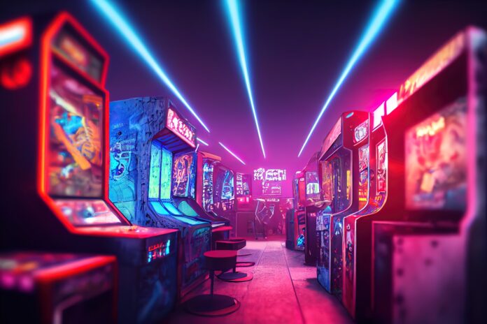 A girl in a retro video gaming hall, a synthwave hall with slot machines